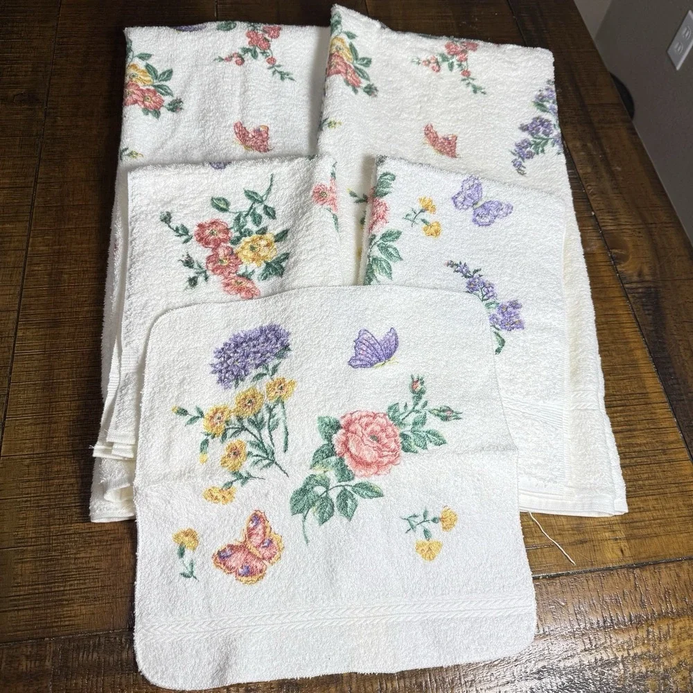 VTG NOS Fieldcrest Floral w/Butterflies 5‎ Piece Towel Set USA Cotton Cottage